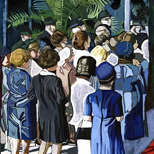 Painting of a crowd of people, viewed from behind, in dark clothing.