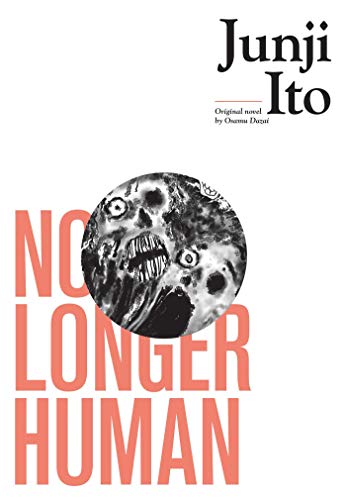 Book cover with large red text reading No Longer Human and a grotesque illustration.