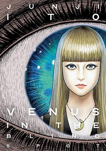 A young woman with long blonde hair stands before a giant, detailed human eye.