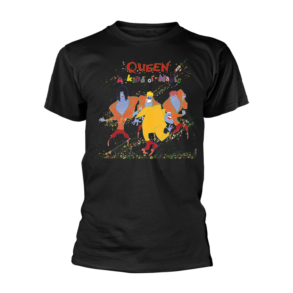 Black t-shirt with colorful Queen "A Kind of Magic" artwork.
