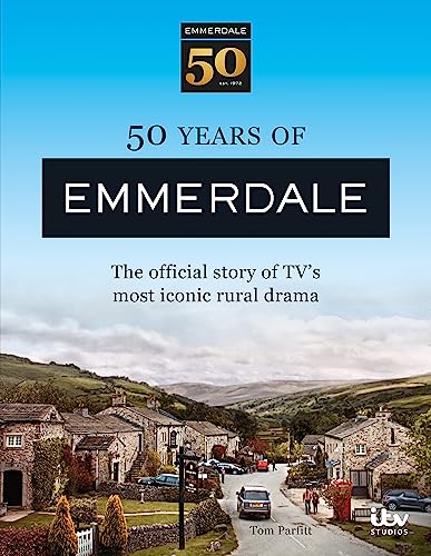 Book cover for “50 Years of Emmerdale” with a rural landscape.