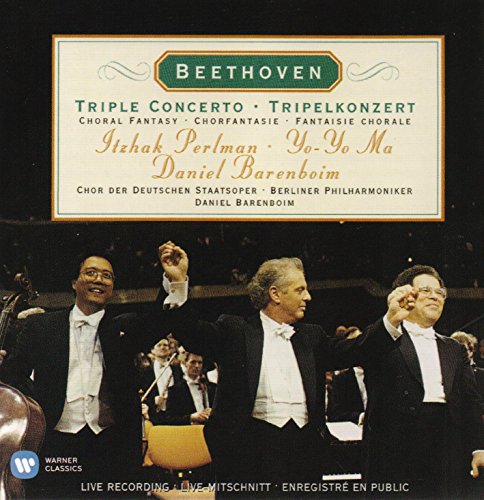 CD cover featuring Itzhak Perlman, Yo-Yo Ma, and Daniel Barenboim with orchestra.