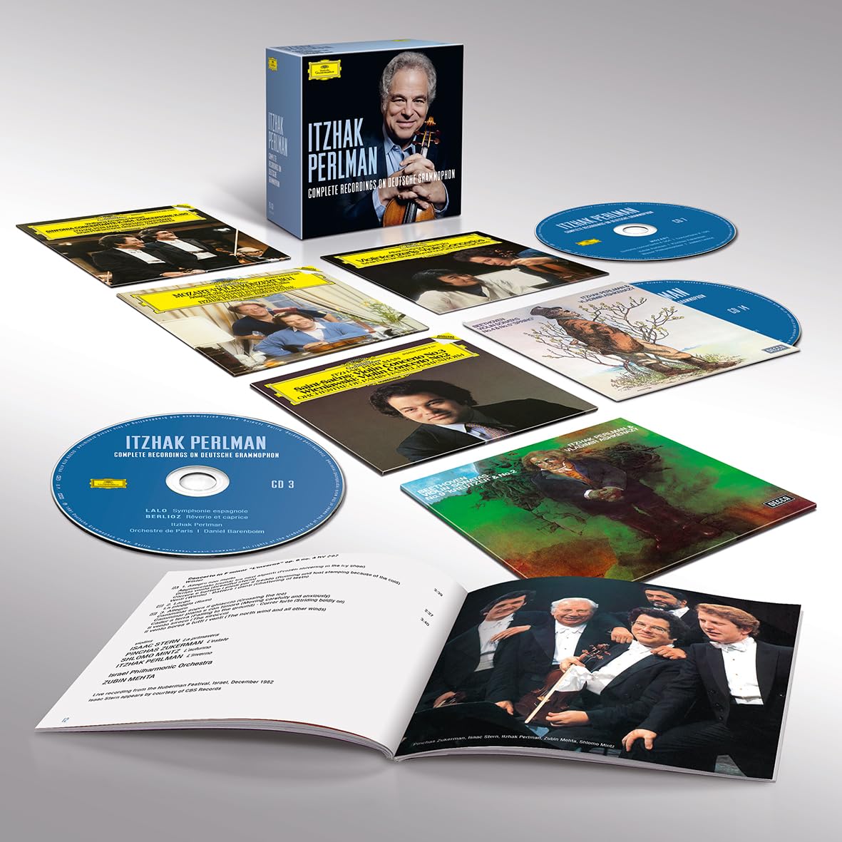 Itzhak Perlman CD box set with multiple discs and booklet displayed.