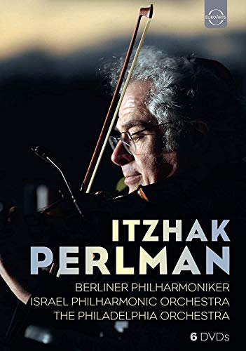 Itzhak Perlman playing violin, DVD box set featuring orchestra performances.