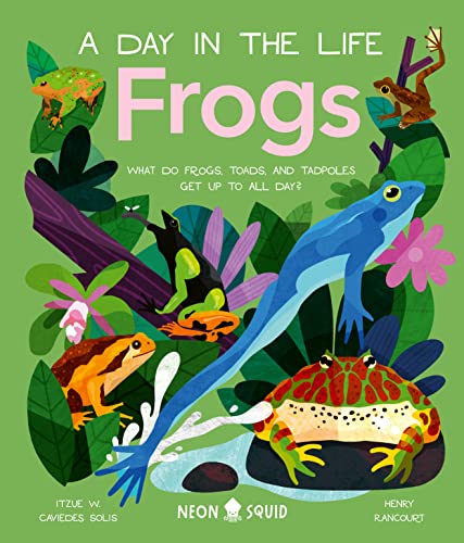 Colorful illustrated children’s book cover featuring various frogs and tadpoles.