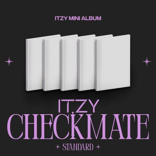 Five white album covers against a dark background with purple text reading ITZY CHECKMATE.