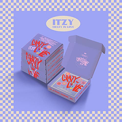 Itzy “Crazy In Love” CD packaging resembling pizza boxes on purple background.