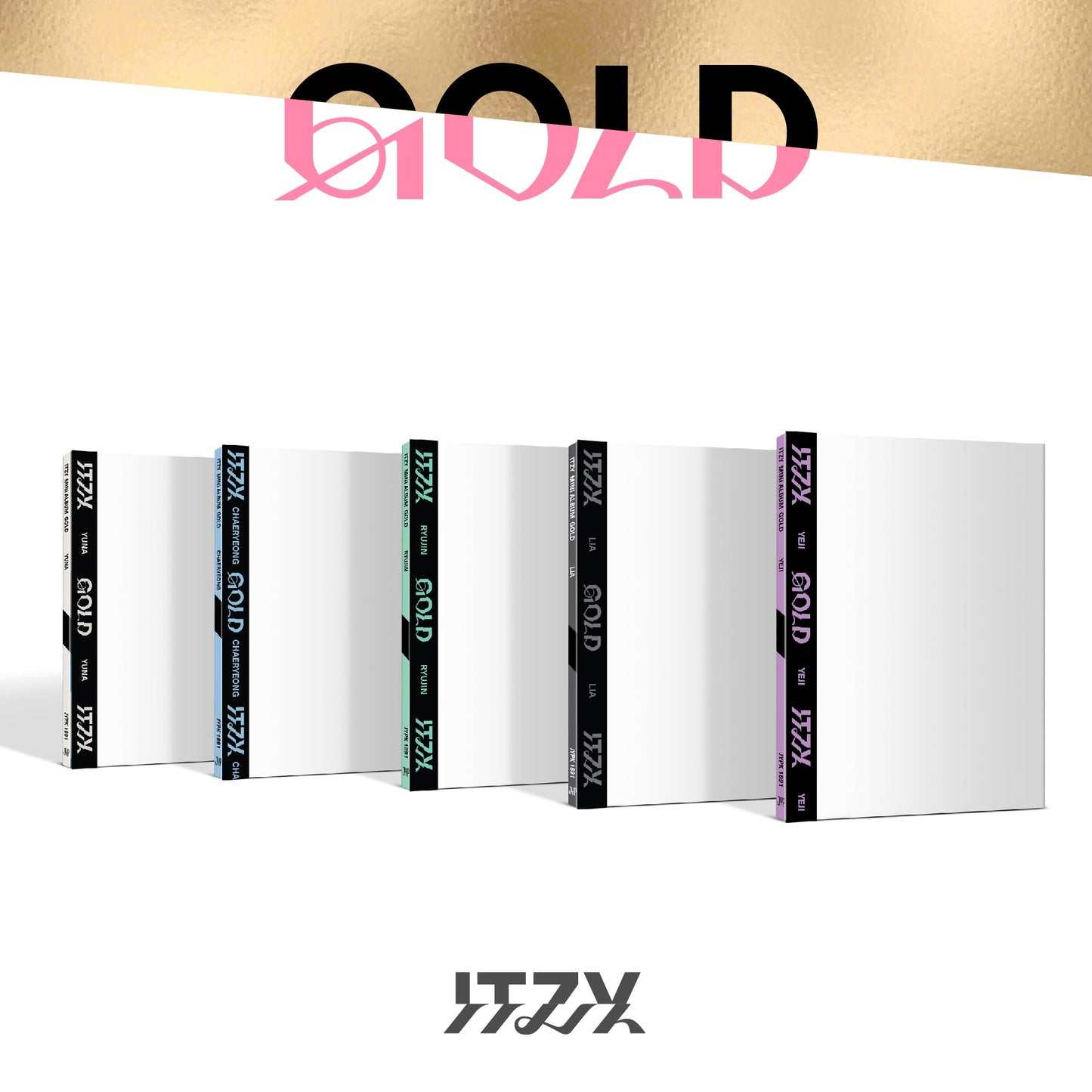 ITZY "GOLD" digipack CD albums in varying jewel-toned colors lined up.