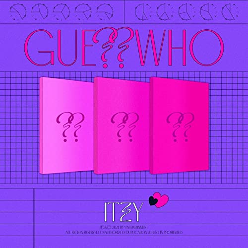 Itzy's "Guess Who" CD album cover with pink and purple question marks.