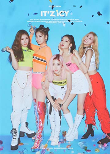 ITZY album cover featuring five members in colorful, trendy outfits.