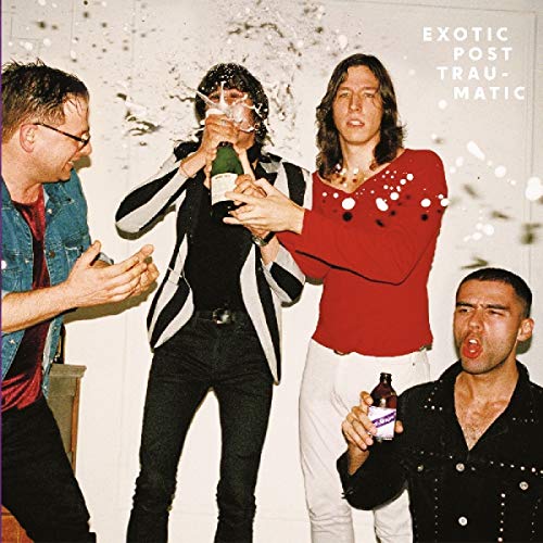 Album cover with four men celebrating, spraying champagne and holding bottles against a white background.