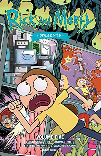 Rick and Morty comic book cover with characters in chaotic scenes.