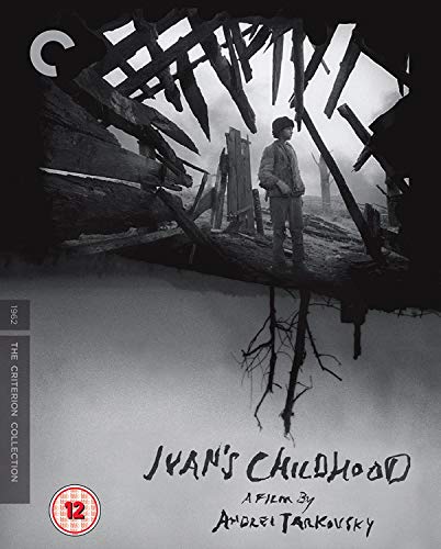 Black and white film cover: a young boy stands in a war-torn landscape.