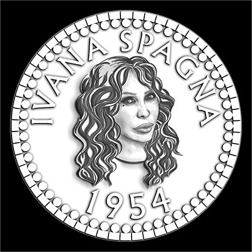 Black and white portrait of Ivana Spagna on a circular record design.