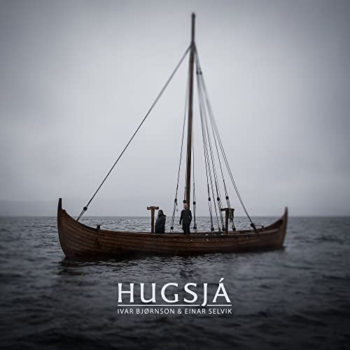 Viking ship on dark water, two figures standing on deck.
