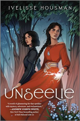 Two young women stand in a forest, one wearing red, with glowing magical energy.