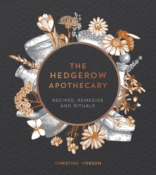 Book cover with botanical illustrations, a bee, and apothecary items surrounding a central title circle.