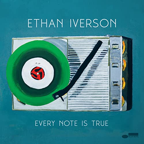 Teal background with a painting of a vintage radio and green vinyl record.
