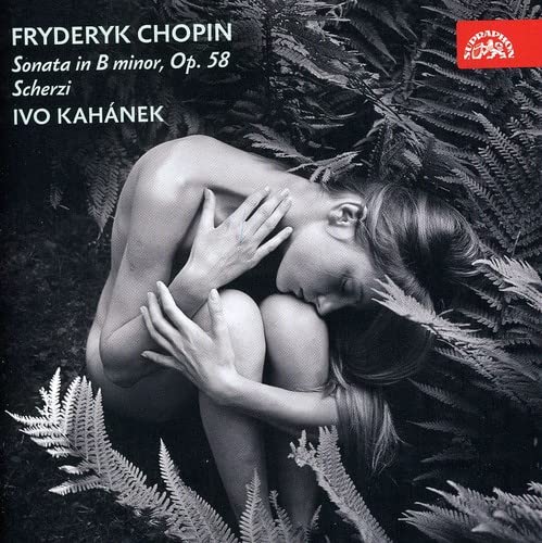 Black and white CD cover featuring a woman curled among ferns, titled "Fryderyk Chopin".