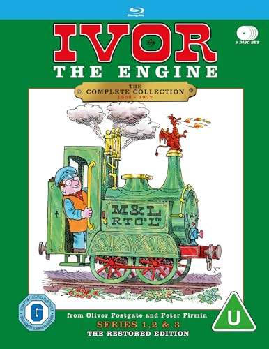 Blu-ray cover art featuring Ivor the Engine with a driver and a small dragon.
