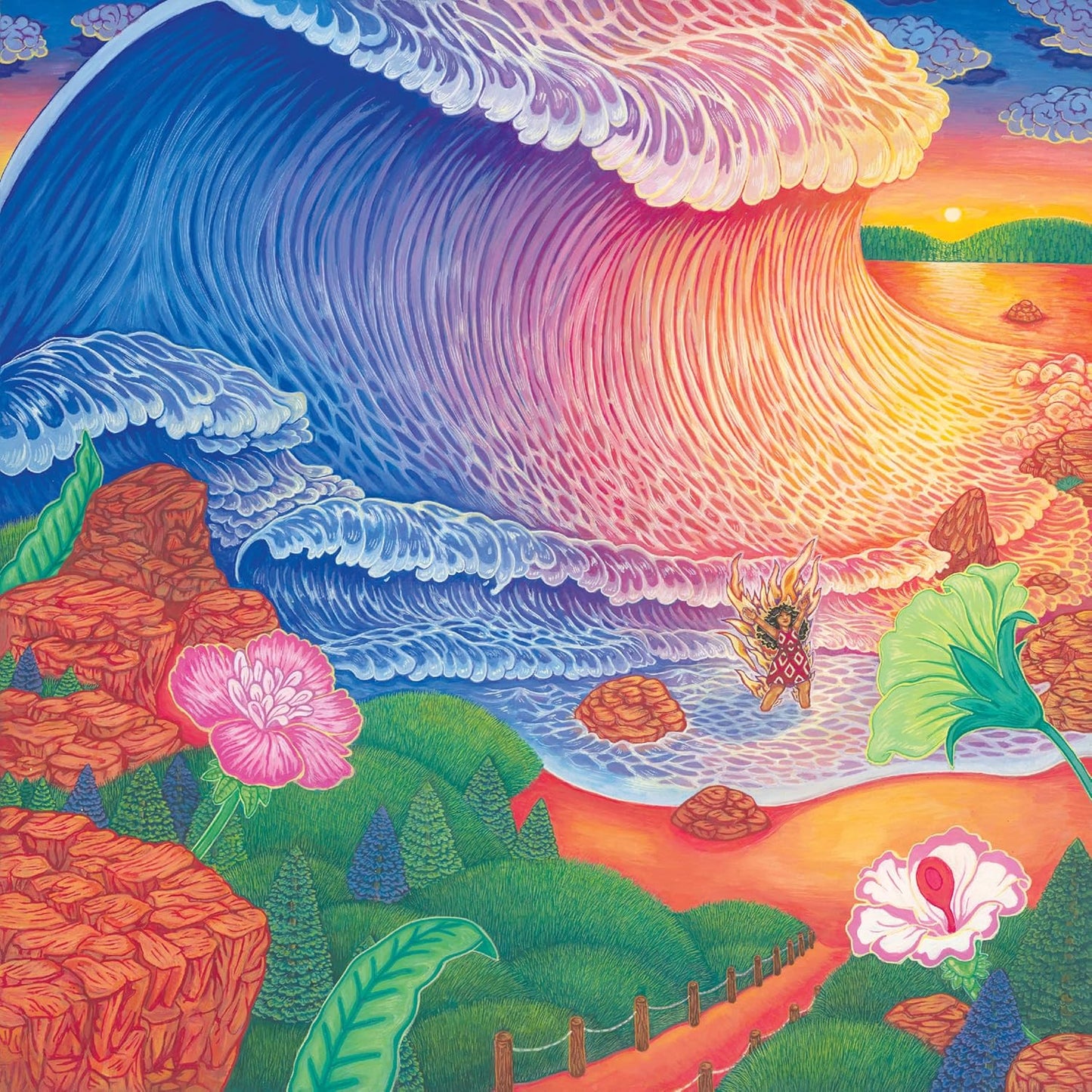 Colorful painting of a large wave, beach, flowers, and a small figure.