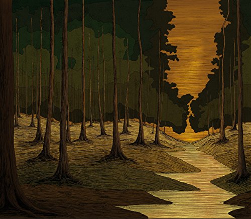 An illustration of a forest with a stream flowing toward a sunset sky.