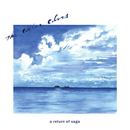 Watercolor painting of a blue ocean and cloudy sky with text overlay.