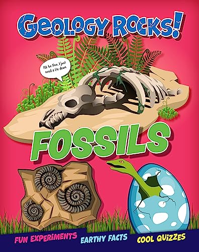 Book cover: "Geology Rocks! Fossils" with dinosaur skeleton and ammonites.