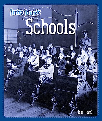 Vintage schoolroom photo with students at desks, book cover for “Schools.”