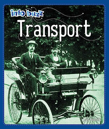 Info Buzz: Transport" book cover featuring a vintage automobile and two men.