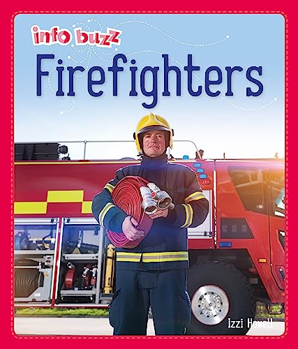 A firefighter in uniform holding a red hose in front of a fire truck.