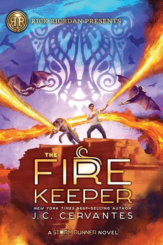 Book cover: boy with dog facing dragons, fiery background, large text “The Fire Keeper.”