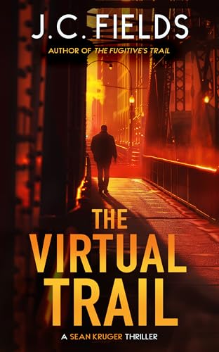 Book cover: man walking on a bridge, dark and atmospheric.