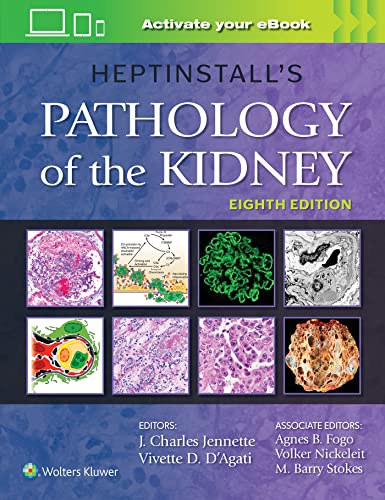 Book cover: "Heptinstall's Pathology of the Kidney," eighth edition, with microscopic images.