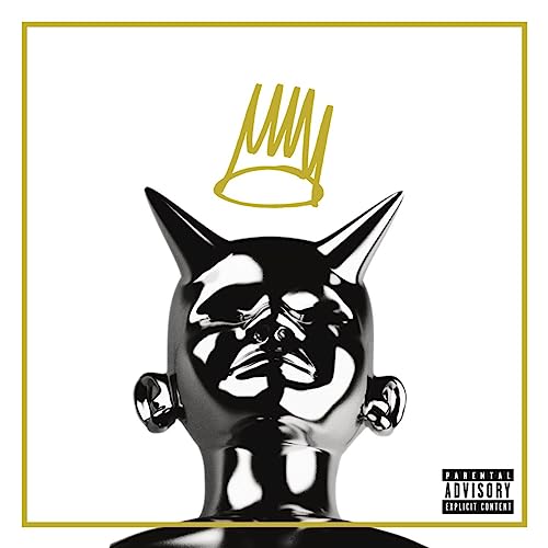 J. Cole’s “Born Sinner” album cover: glossy black head with golden crown and horns.