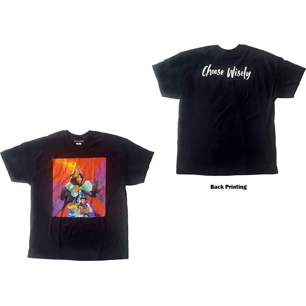 Black J Cole t-shirt with colorful "Choose Wisely" album art print.