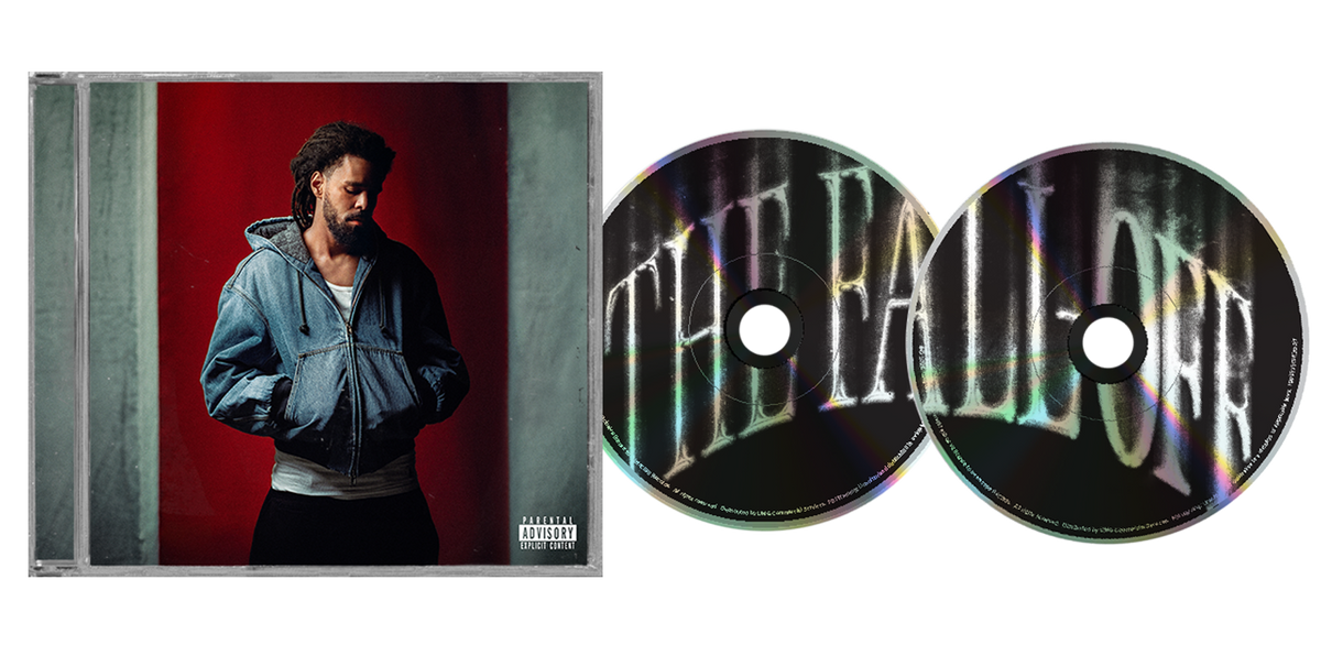 J. Cole's "The Fall-Off" double CD in a clear plastic case.