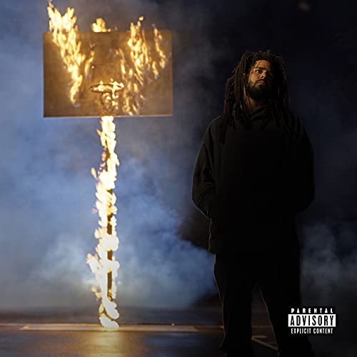 J. Cole album cover featuring a burning basketball hoop and the artist.