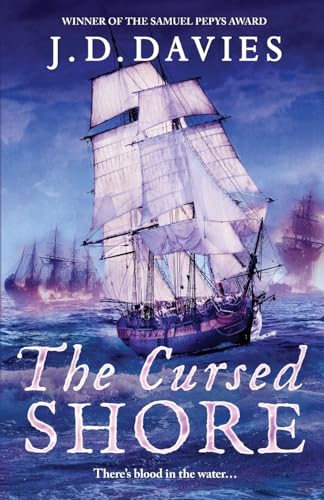 Book cover: sailing ship at sea, stormy sky, title "The Cursed Shore".