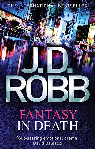 Book cover: "Fantasy In Death" by J.D. Robb, city lights reflected in water.