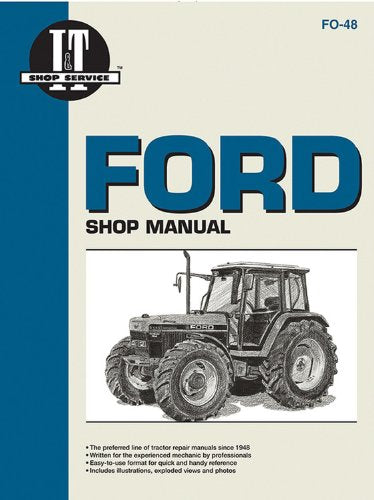 Cover of a Ford shop manual featuring a black and white tractor illustration.