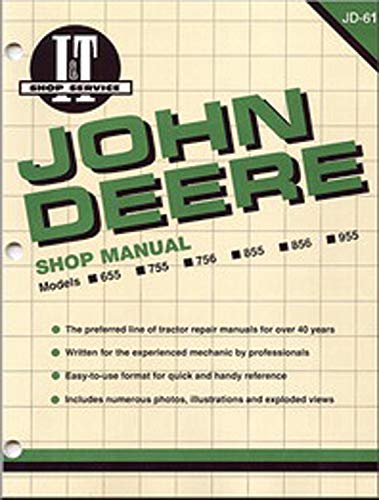 John Deere shop manual cover with model numbers 655, 755, 855, and 955.