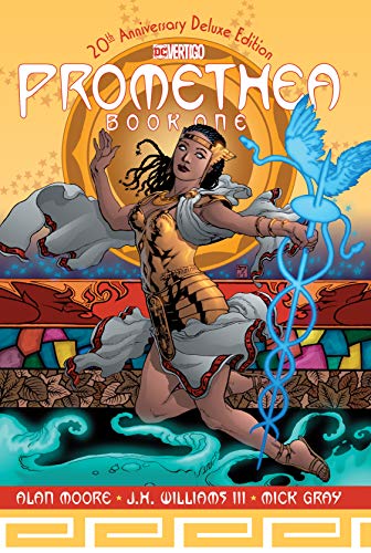 Promethea book cover: a woman with a blue bird, ornate gold design.