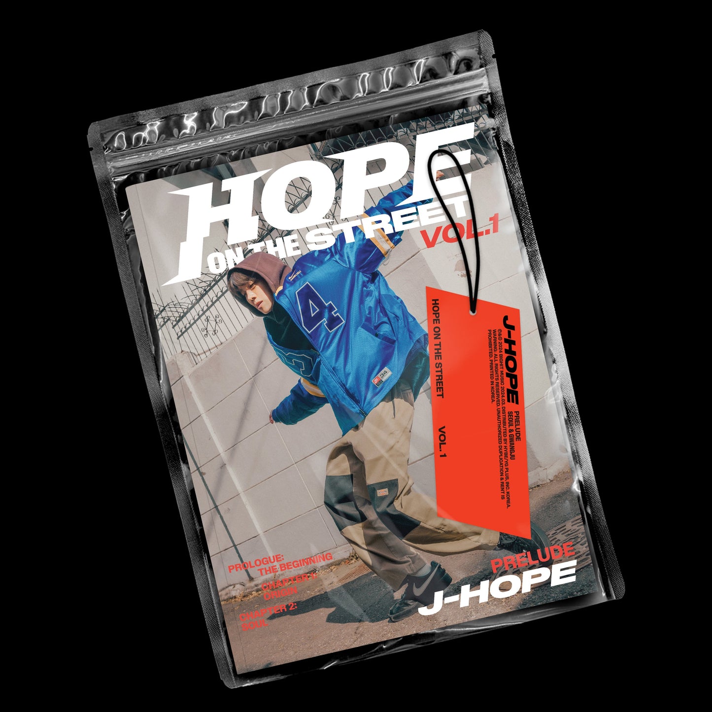 J-Hope album cover featuring artist in blue jacket, street background.