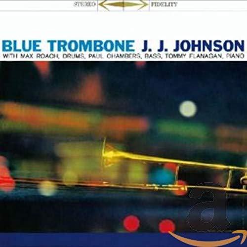 Album cover for J.J. Johnson's Blue Trombone featuring a brass instrument against blurry lights.