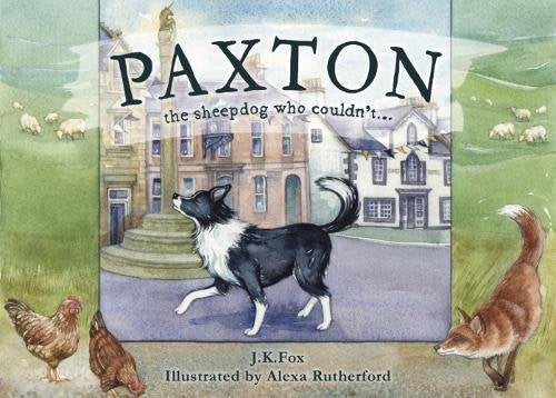 Watercolor illustration of a black and white sheepdog with buildings and animals.