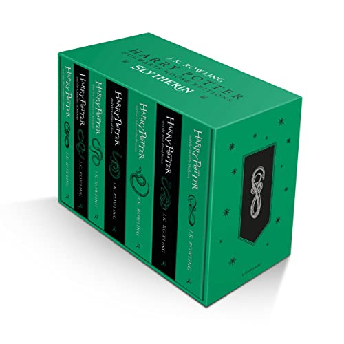 Green box set of four Harry Potter paperback books, Slytherin editions.
