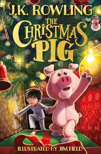 Book cover: boy and pink pig with Christmas decorations.