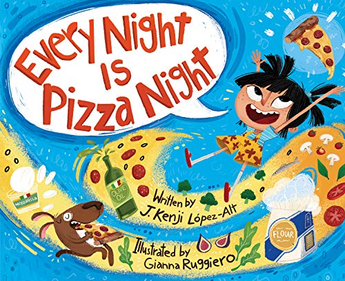 A girl and a dog surrounded by pizza ingredients on a blue background.
