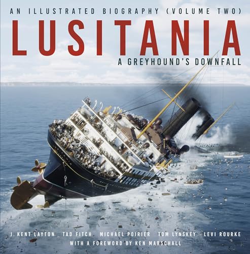 Book cover depicting the sinking ocean liner Lusitania with people falling.